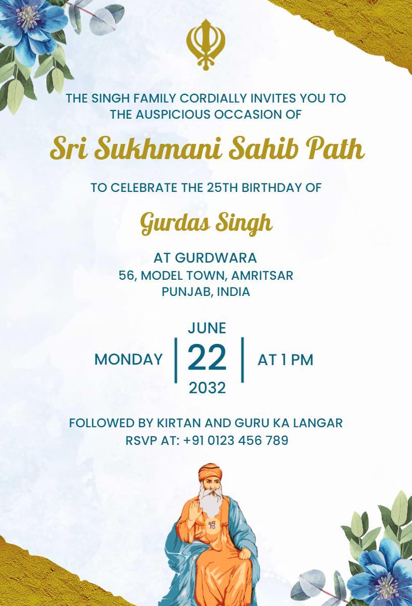 Sikh Gurdwara Sri Sukhmani Sahib Path Ceremony Invitation Template