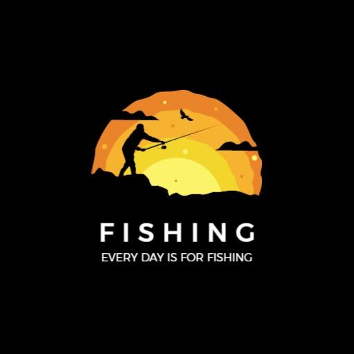 Silhouette of Angler Against Vibrant Sunset Fishing Logo Template
