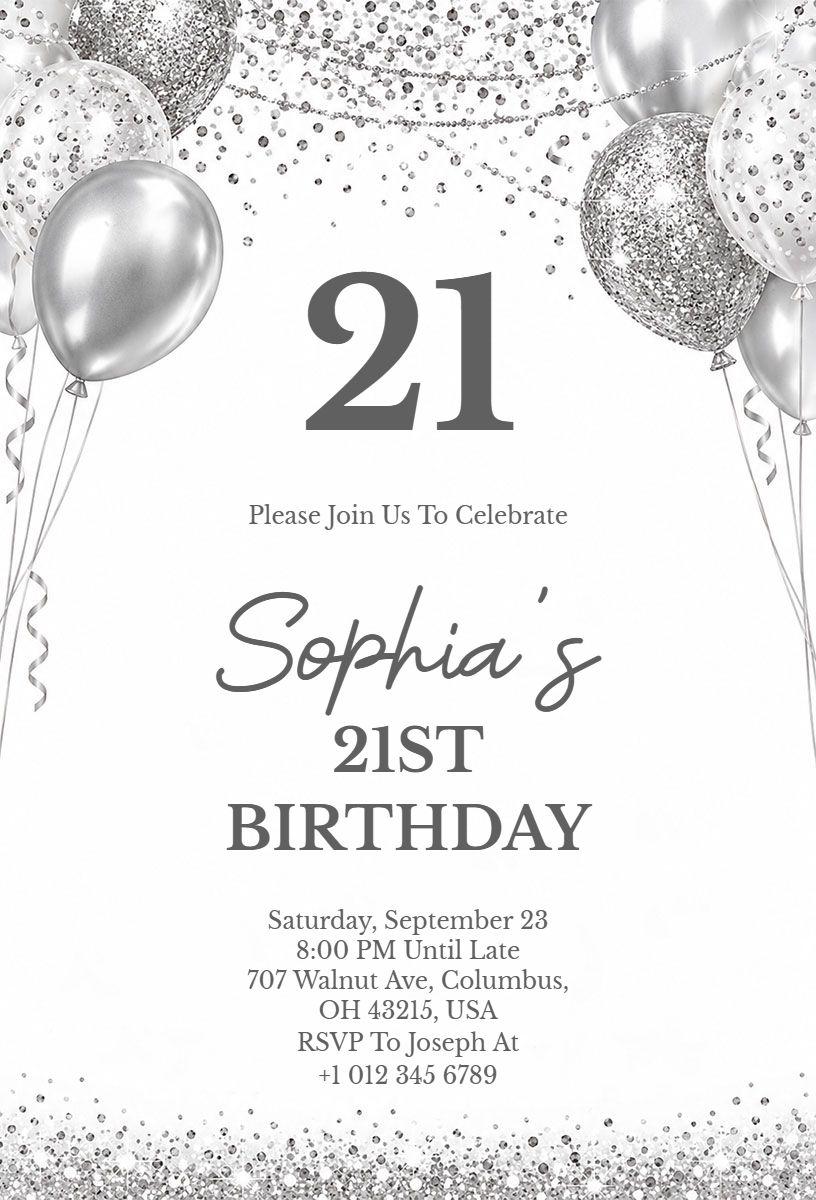 Silver and White 21st Birthday Celebration Invitation Template