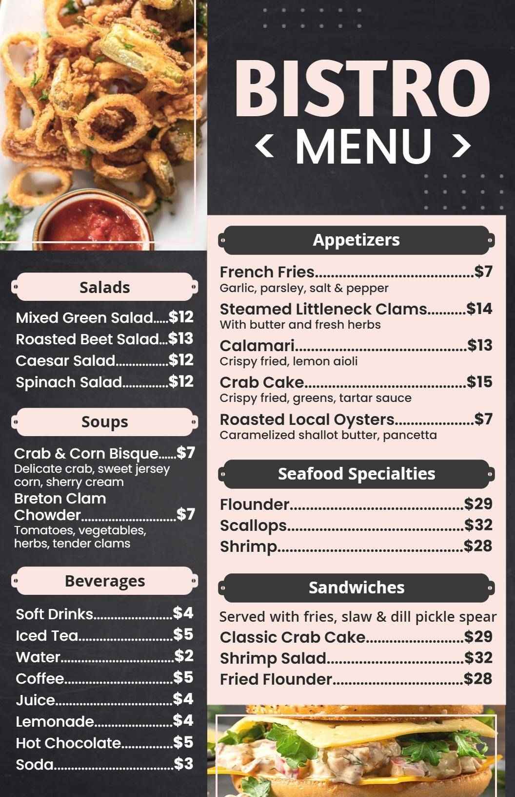 Simple Black and Pink Seafood Bistro Menu Template