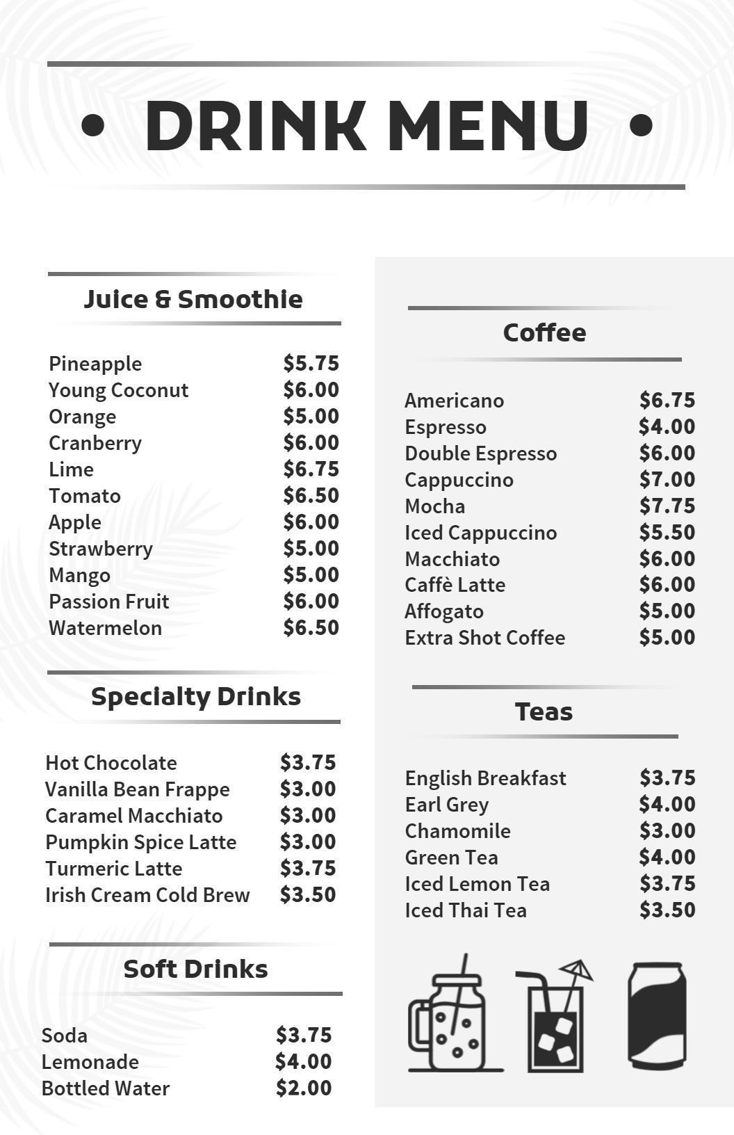Simple Black and White Drink Menu Template