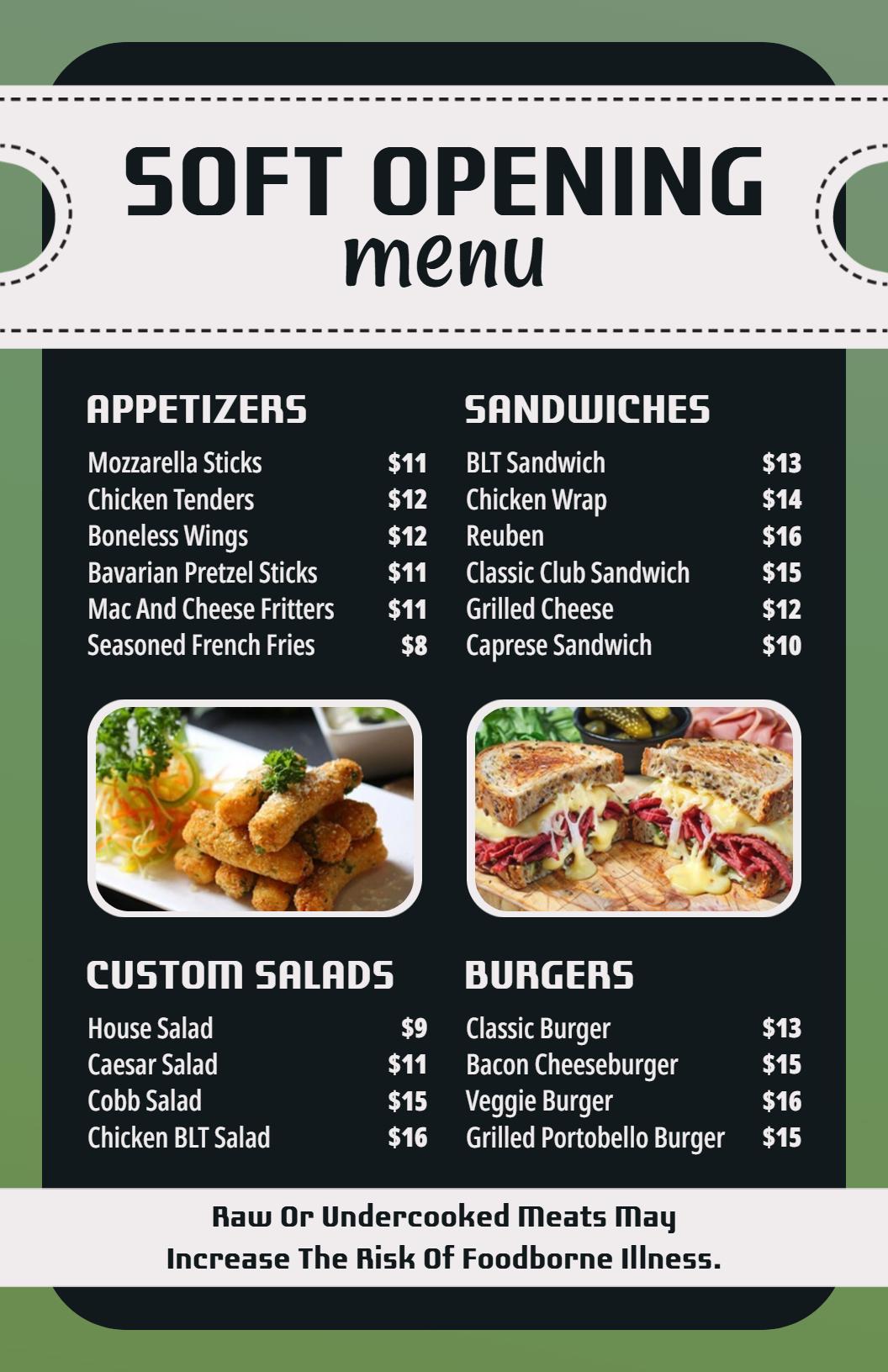 Simple Black and White Soft Opening Food Menu Template