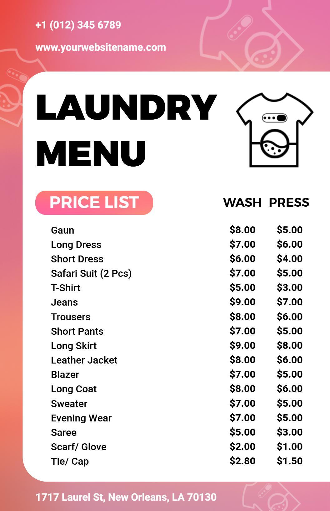 Simple Laundry and Press Services Pricing Menu Template