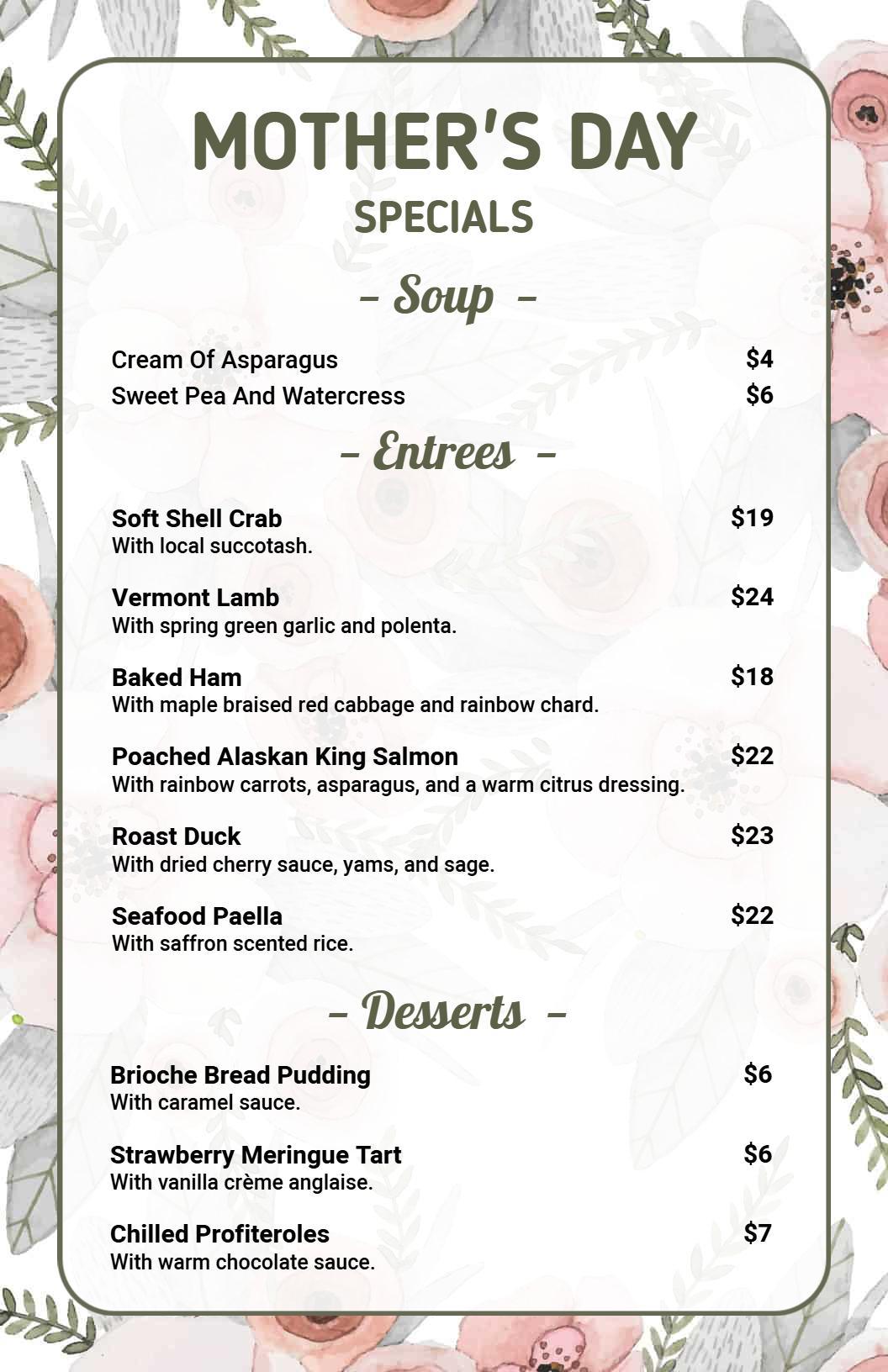 Simple Mother's Day Special Menu Template