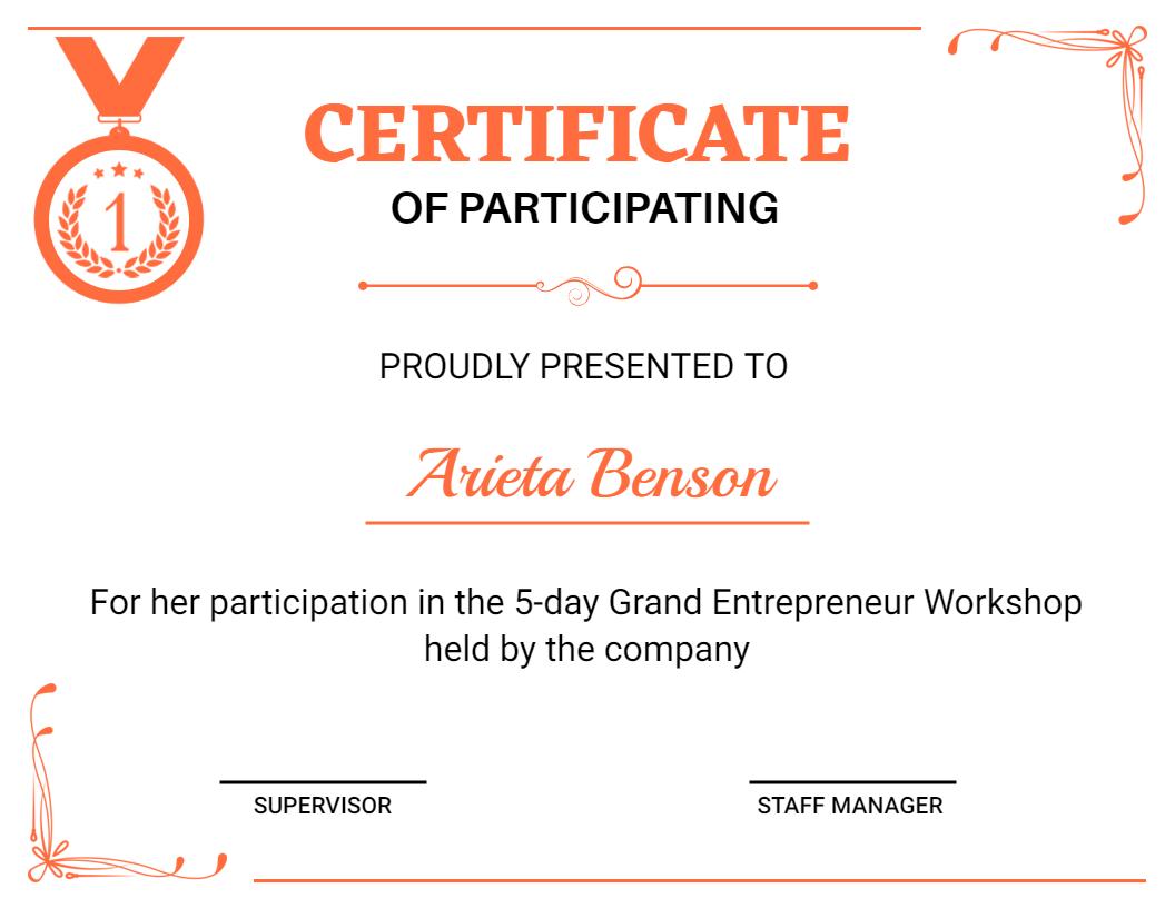 Simple Orange Award for Participation in Business Workshop Certificate Template