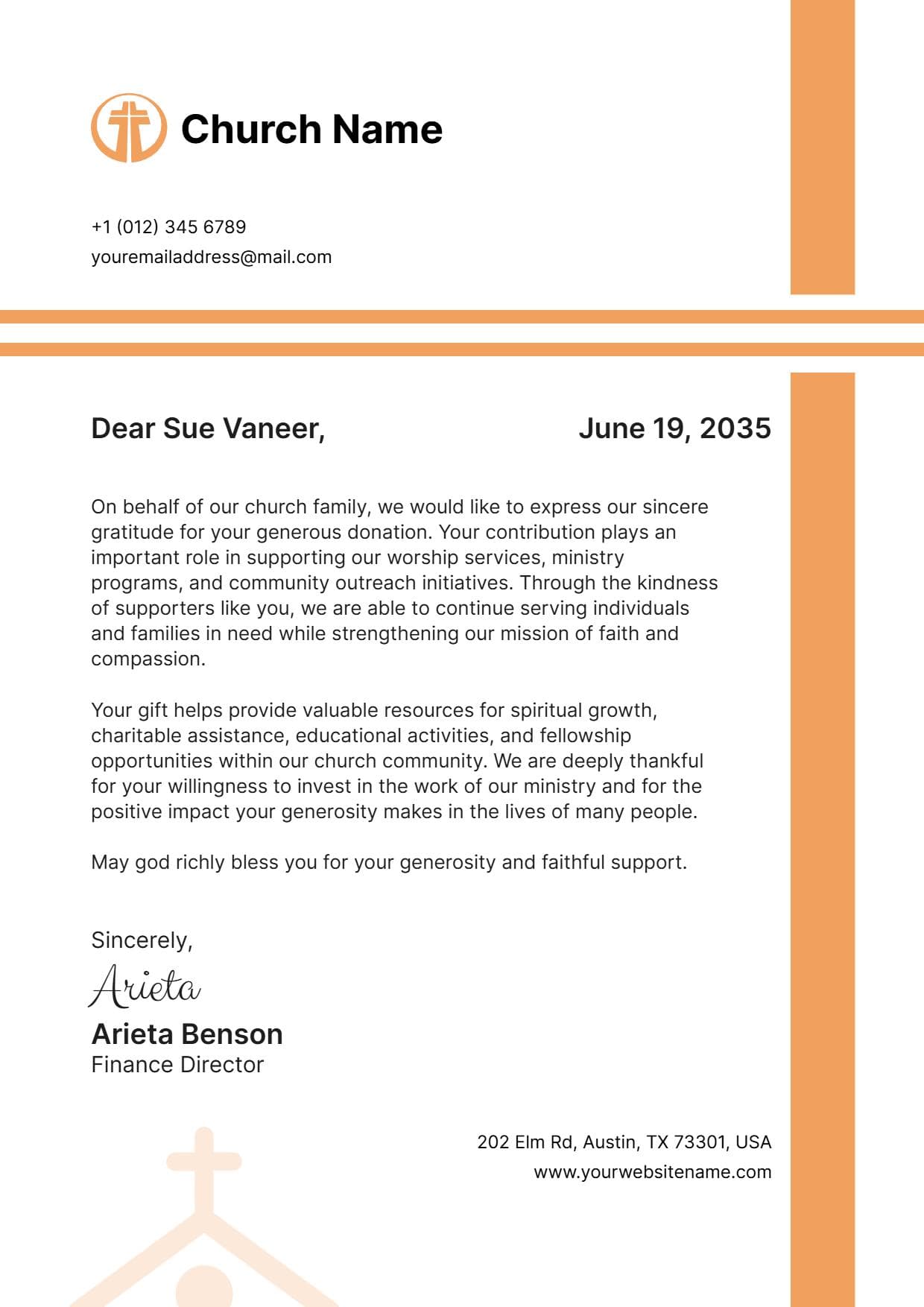 Simple Orange Cross Design Church Donation Letterhead Template