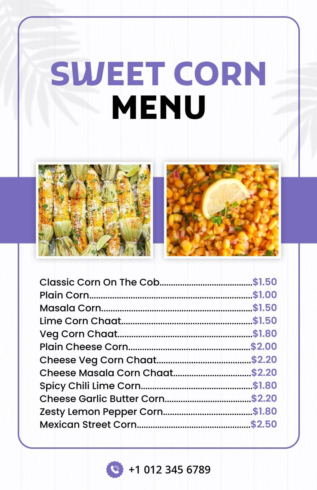 Simple Purple and White Sweet Corn Dish Menu Template