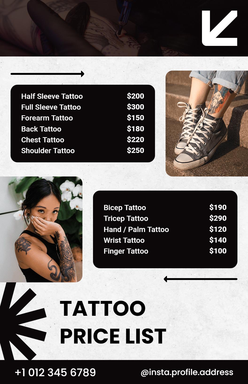 Simple Tattoo Shop Price List Template