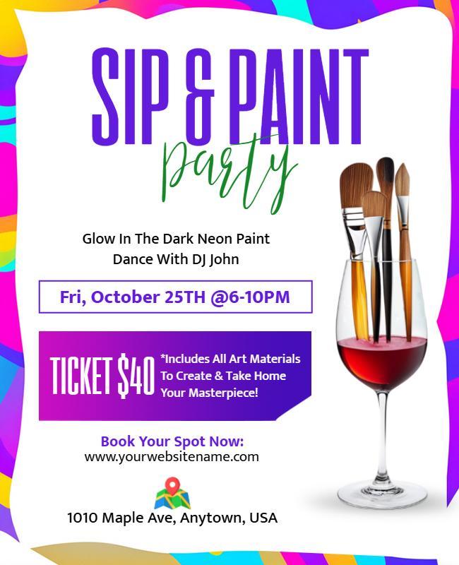 Vibrant Neon Sip and Paint Party Invitation Flyer Template