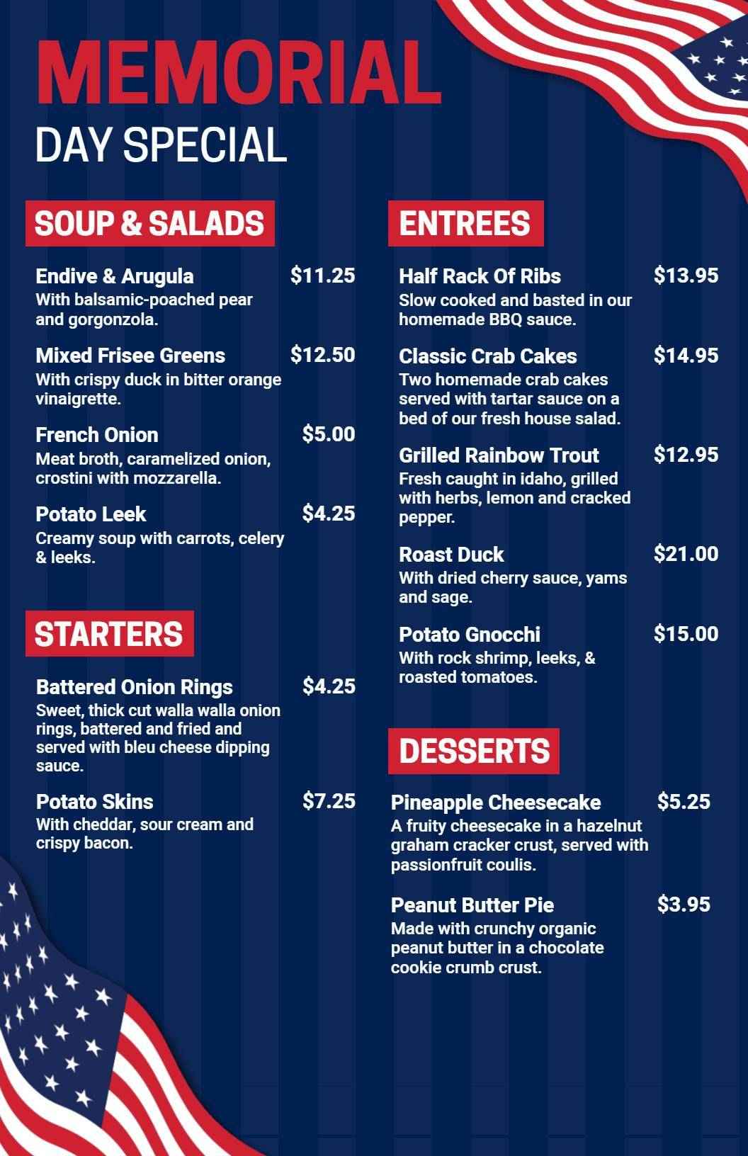 Sizzling Grilled Entrees and Refreshing Salads Memorial Day Menu Template