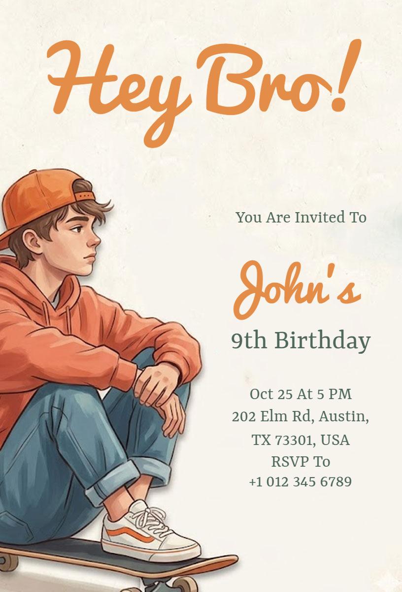 Skateboarder Theme Fun Kids Birthday Celebration Invitation Template