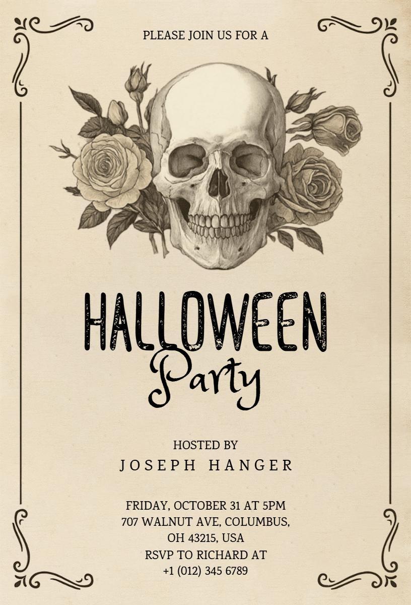 Skull Floral Elegant Halloween Costume Party Invitation Template