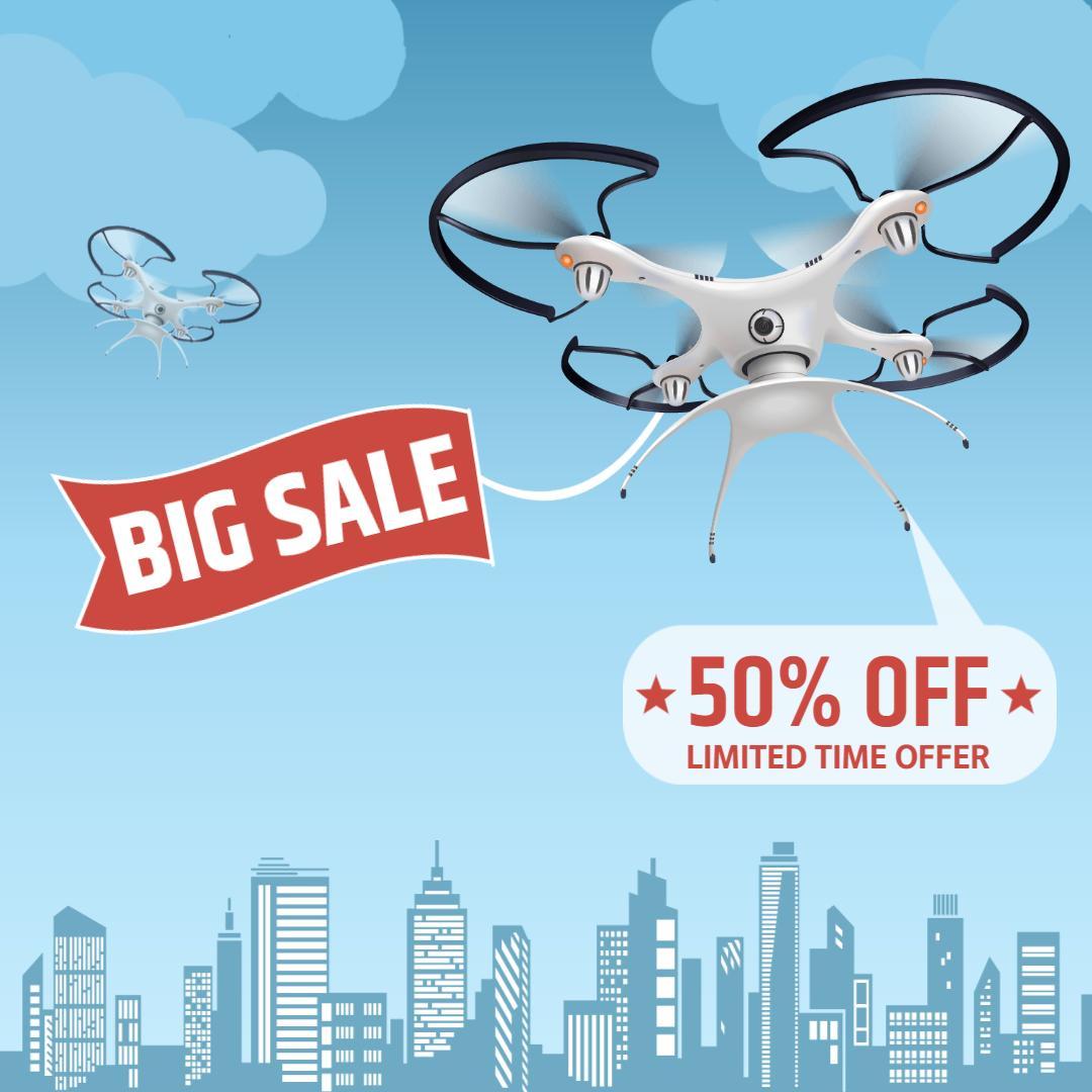 Sky Blue Drone Promotional Sale with 50% Off Ad Template