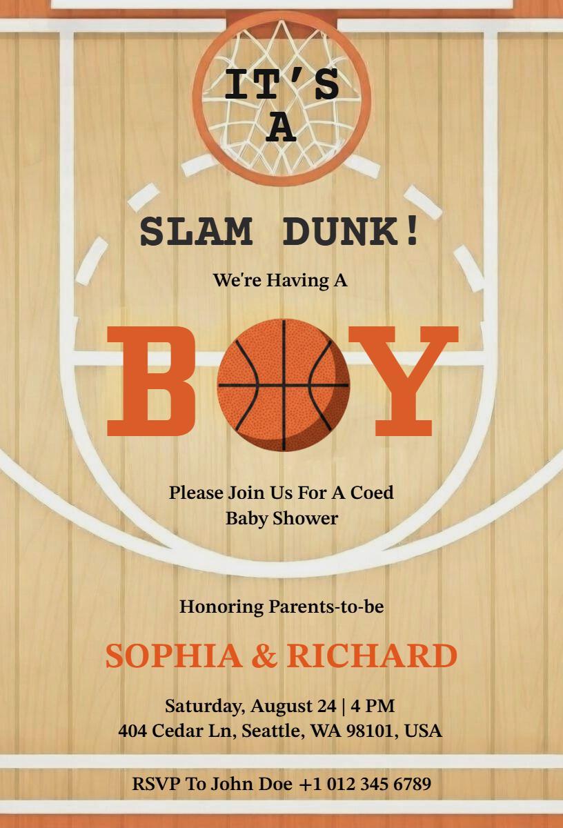 Slam Dunk Basketball Themed Baby Shower Celebration Invitation Template