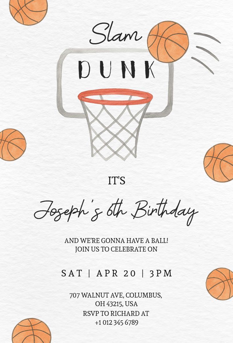 Slam Dunk Basketball Themed Birthday Celebration Invitation Template