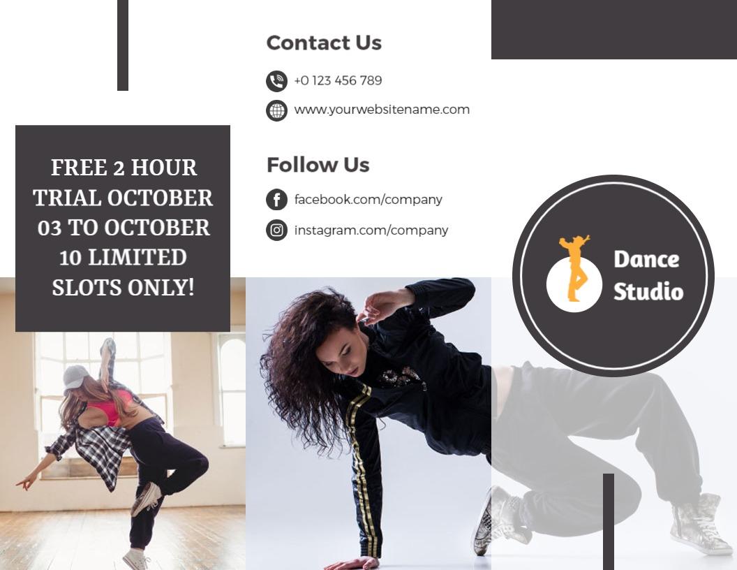 Sleek Black and White Dance Studio Trial Offer Brochure Template