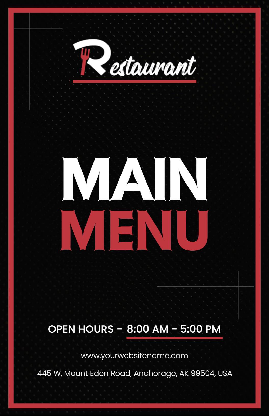 Sleek Black Appetizer and Entrée Restaurant Menu Template