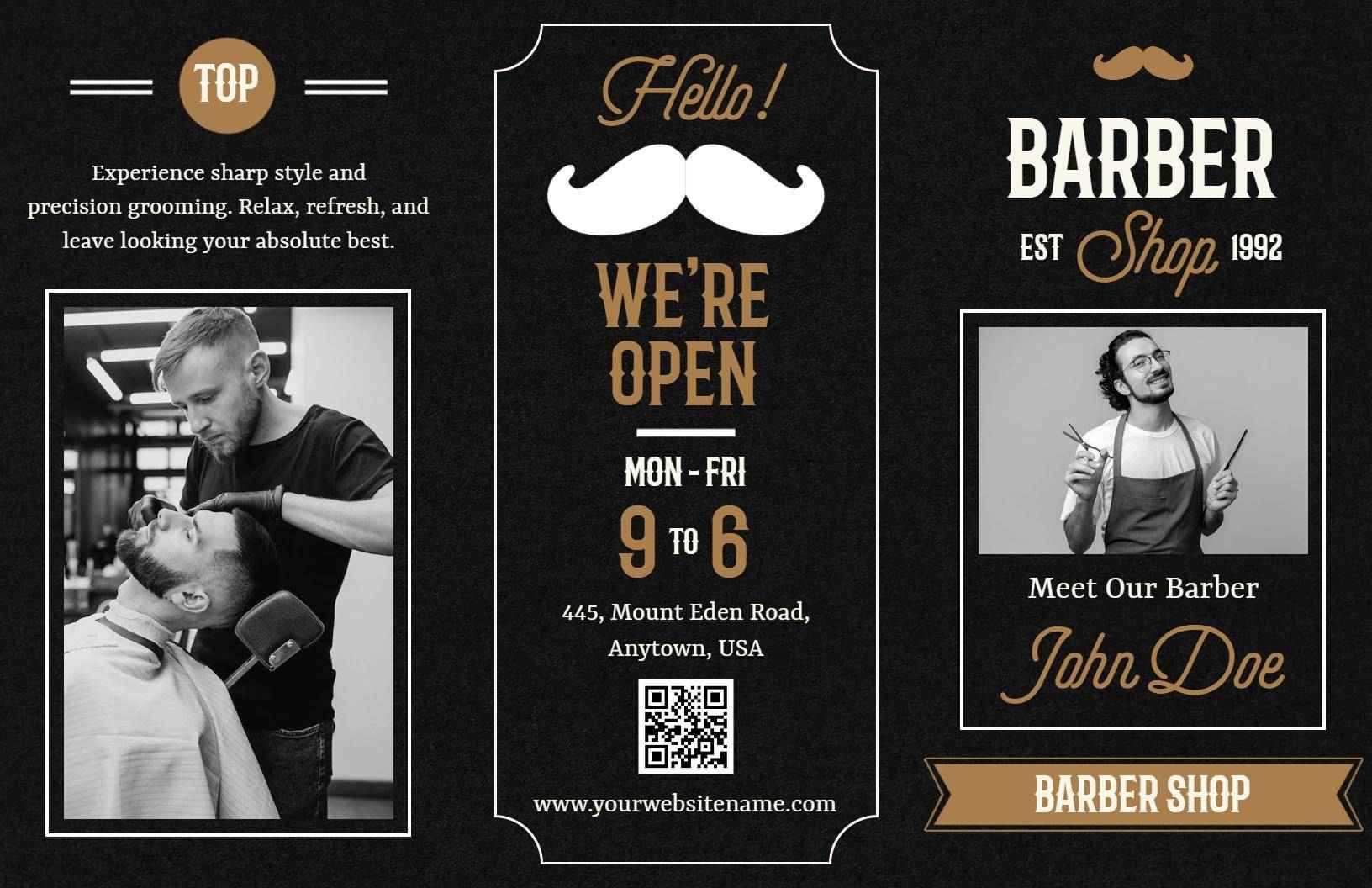 Sleek Black Barber Shop Services Tri Fold Brochure Template