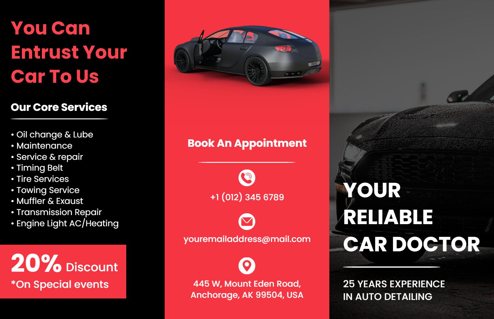 Sleek Black Car Detailing Appointment Services Brochure Template