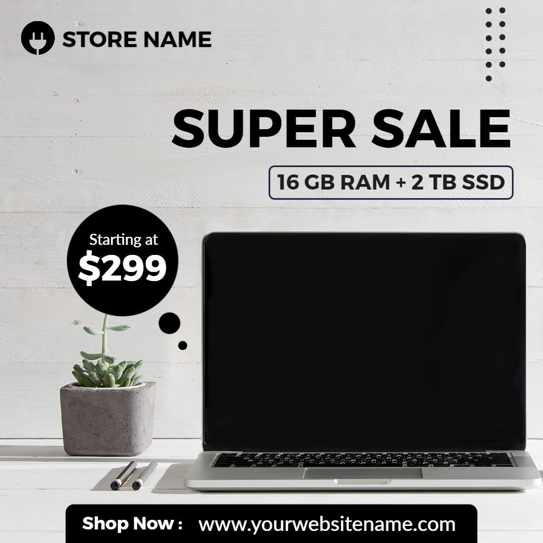 Sleek Black Laptop with Super Sale on Electronics Ad Template