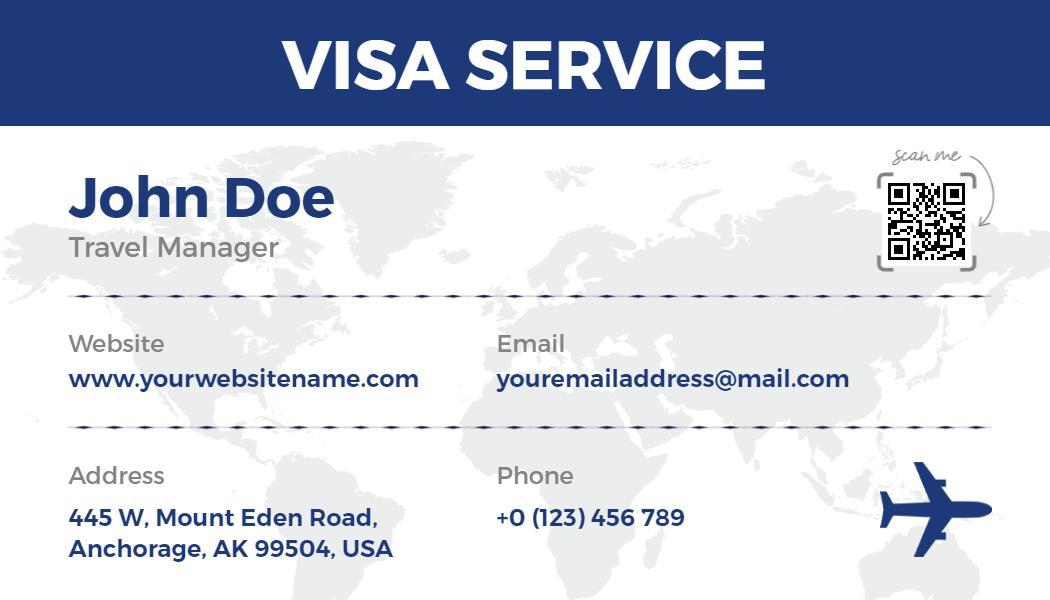 Sleek Blue World Map Travel Visa Service Business Card Template