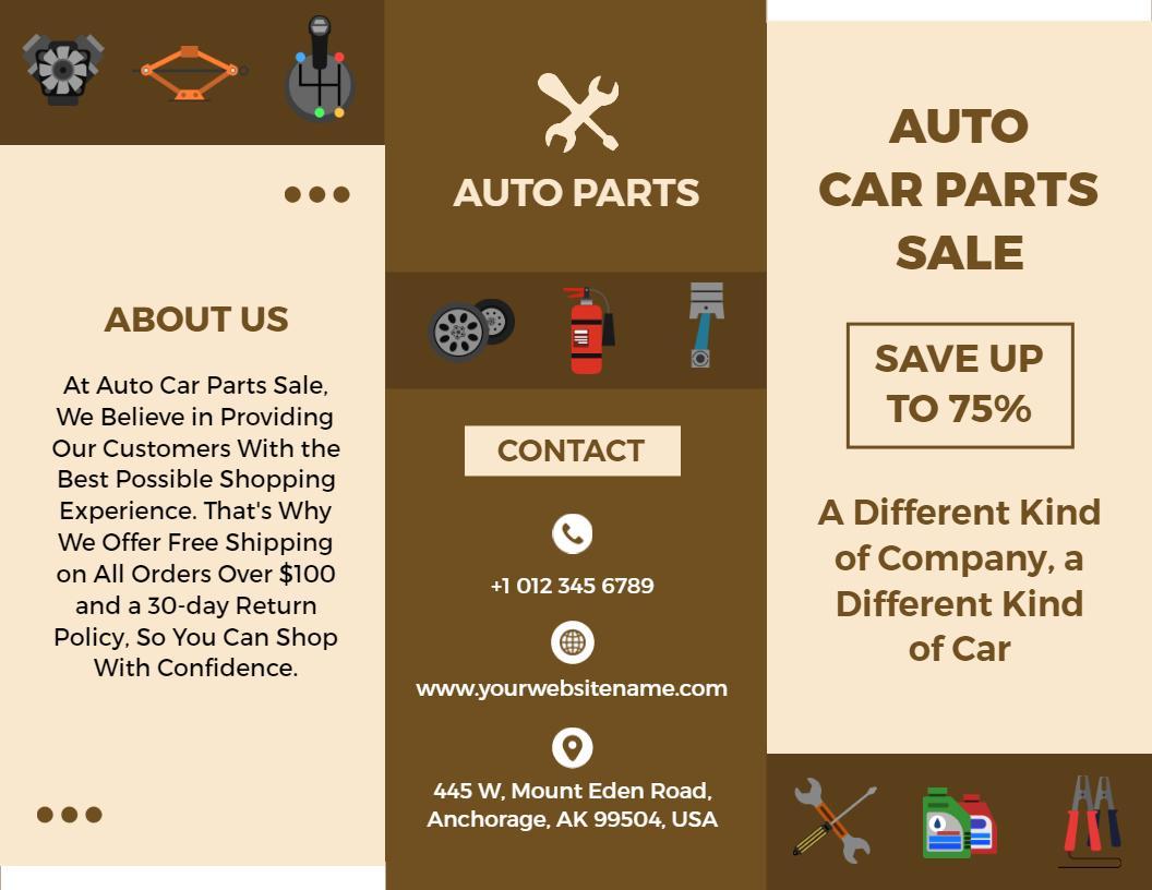 Sleek Brown Auto Parts Sale Discount Brochure Template