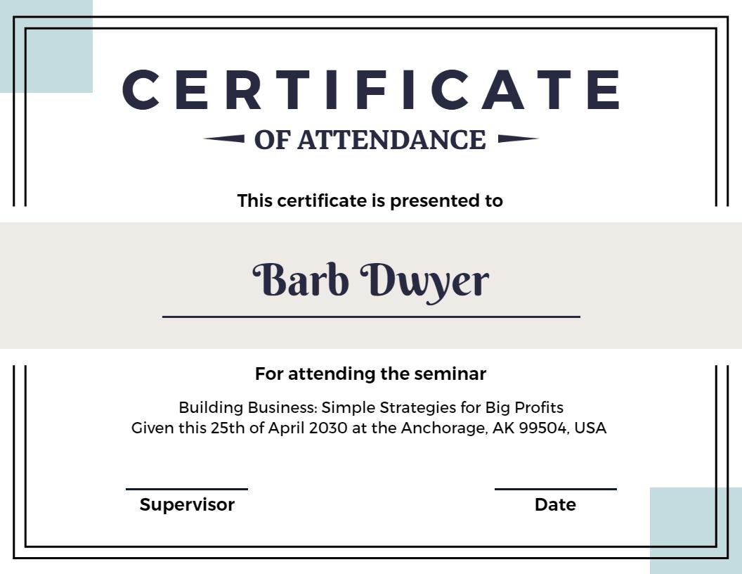 Sleek Modern Blue and White Attendance Seminar Certificate Template