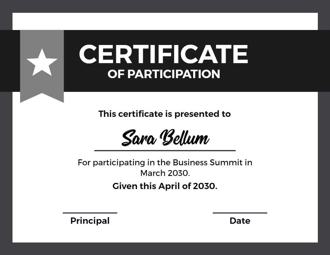 Sleek Monochrome Business Summit Participation Certificate Template