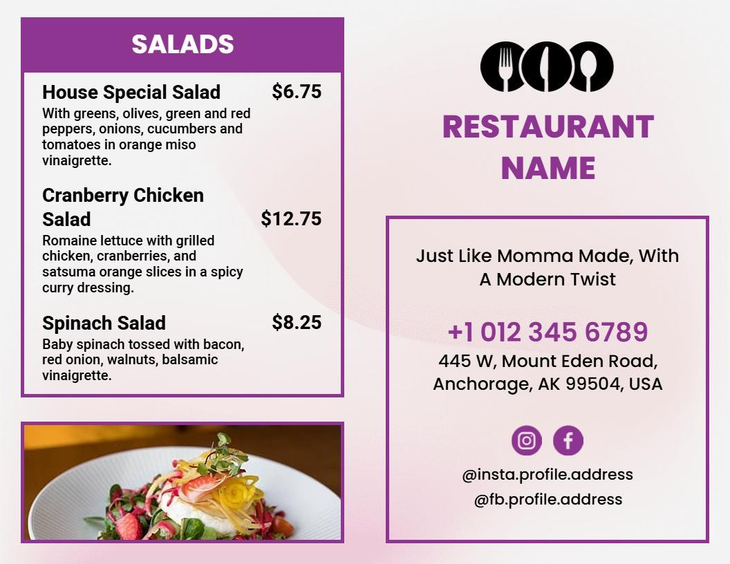Sleek Purple Design Casual Restaurant Bi-Fold Menu Template
