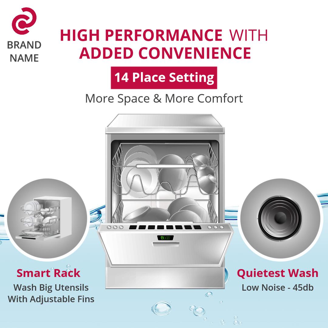 Sleek Silver Dishwasher with Smart Rack and Quiet Performance Ad Template