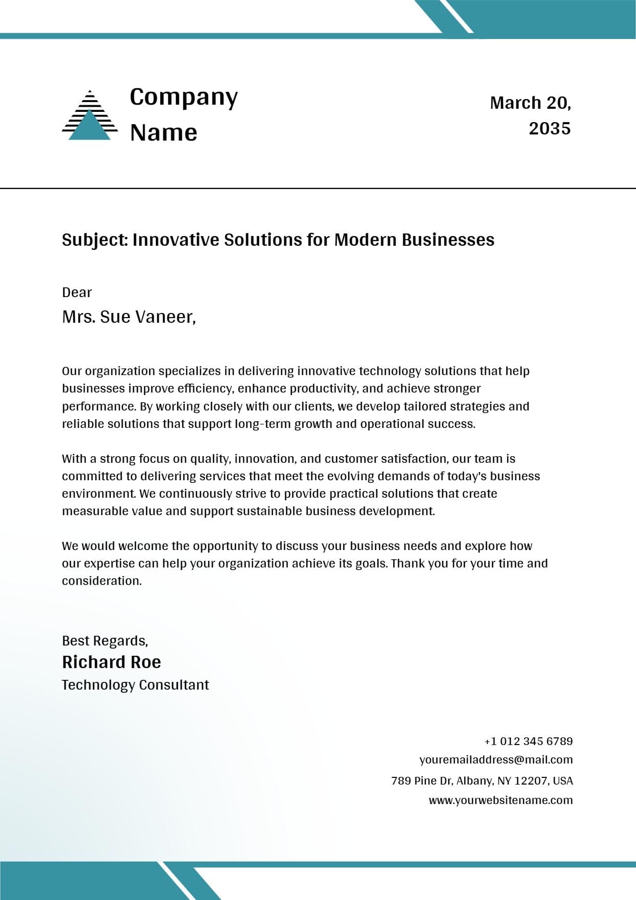 Sleek Teal and White Corporate Letterhead Template