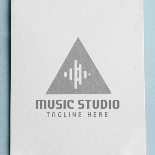 Sleek Triangular Music Studio Mockup Displaying Sound Waves Logo Template