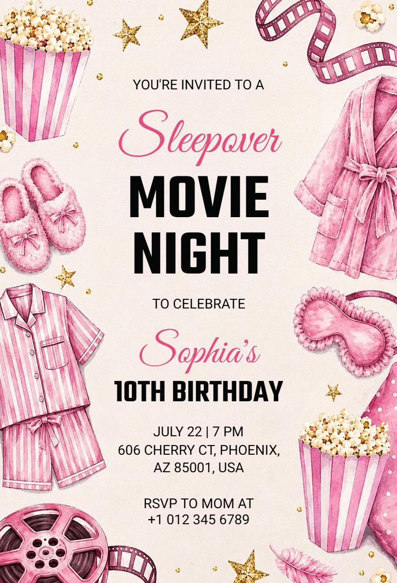 Sleepover Movie Night Birthday Celebration Invitation Template