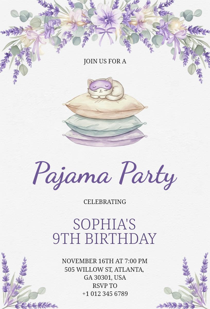 Sleepy Cat Purple Pajama Party Birthday Invitation Template