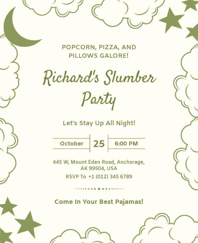 Slumber Party Invitation with Stars and Clouds Flyer Template