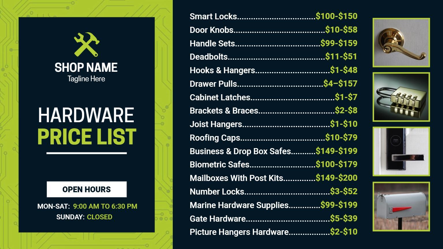 Smart Locks and Essential Supplies Selection Hardware Price List Template