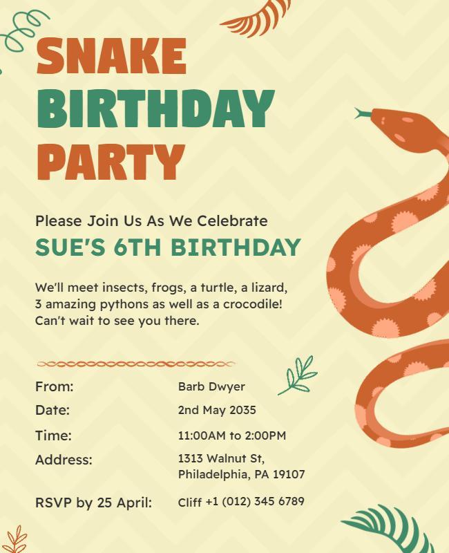 Snake Themed Childrens Birthday Party Flyer Template