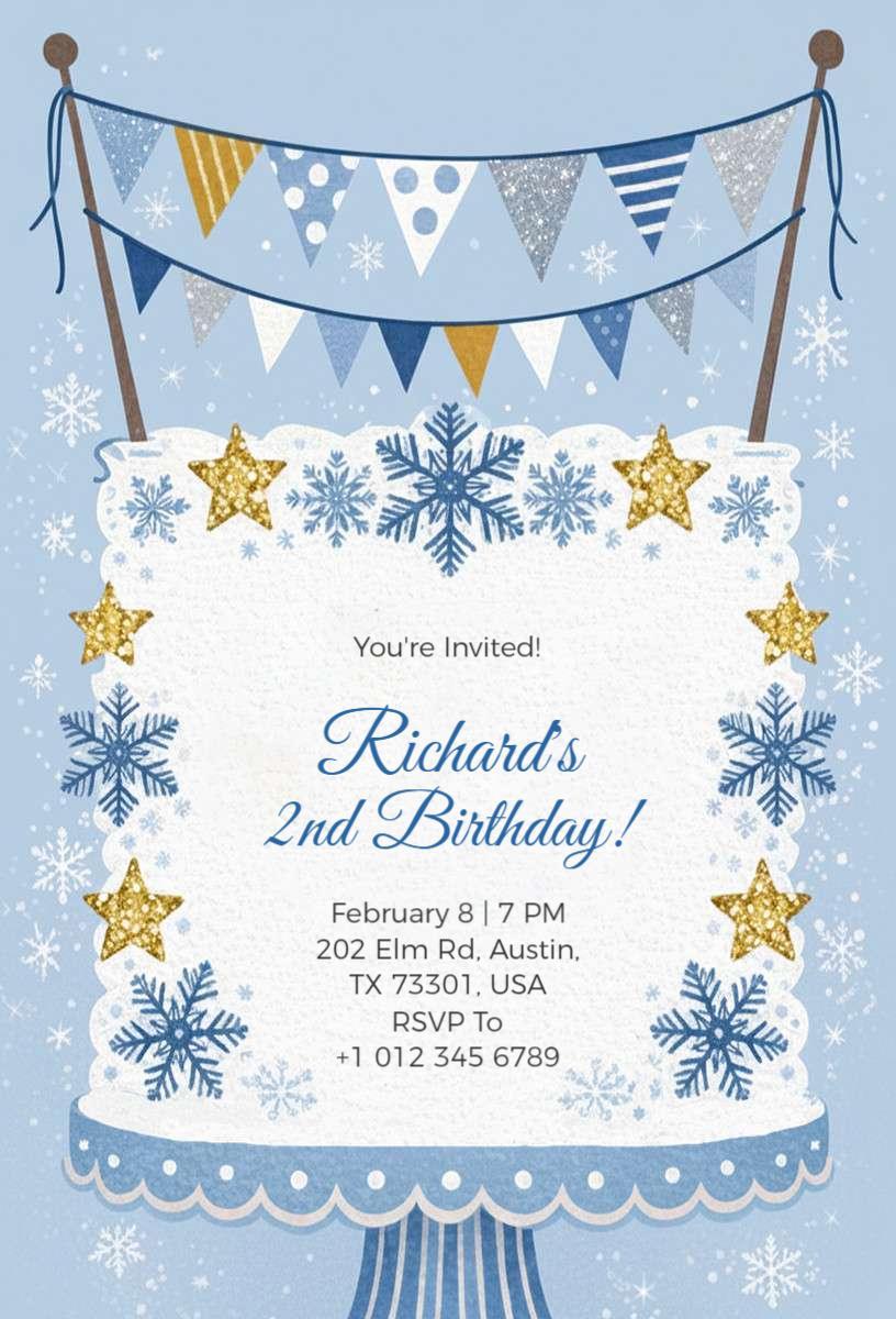 Snowy Blue Winter Wonderland 2nd Birthday Invitation Template