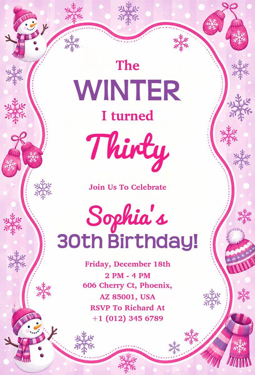 Snowy Pink Winter 30th Birthday Celebration Invitation Template