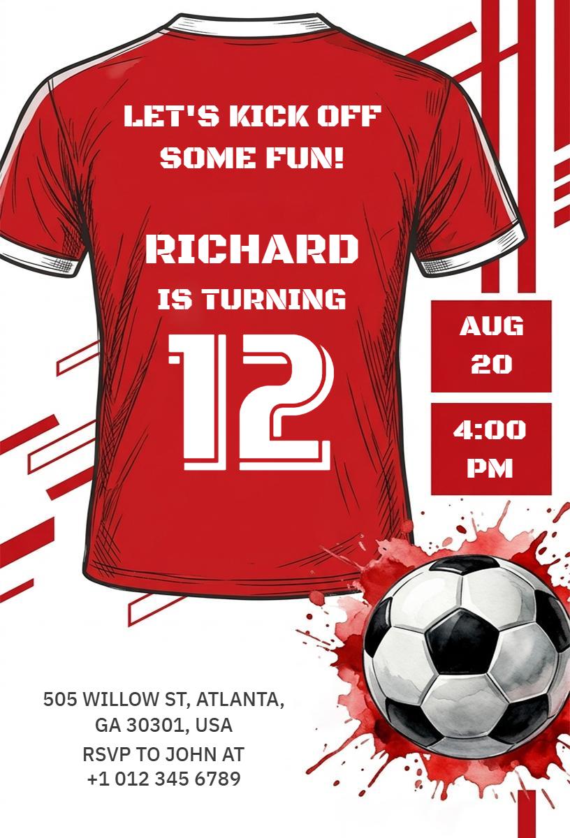 Soccer Theme Fun 12th Birthday Celebration Invitation Template