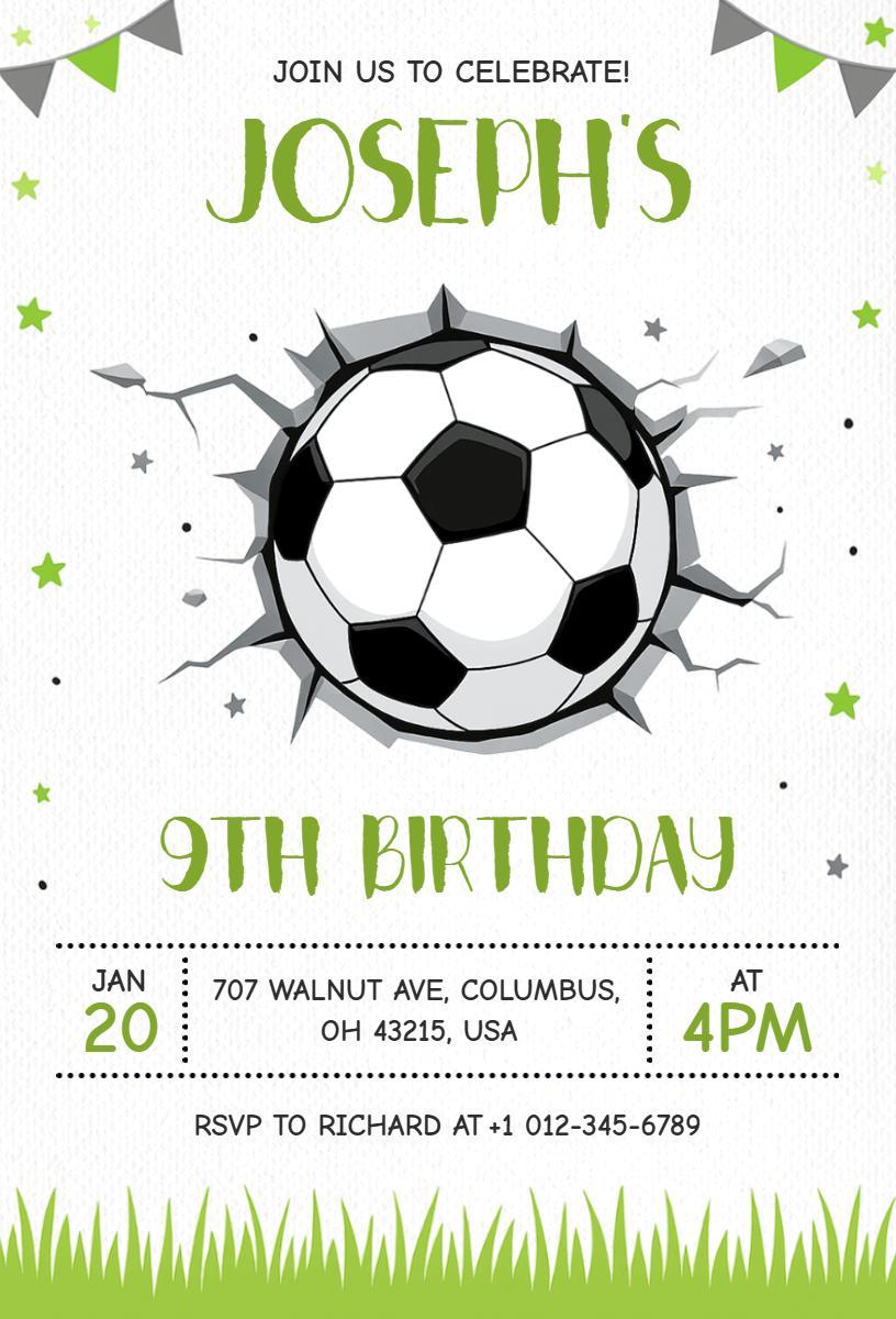 Soccer Themed 9th Birthday Celebration Invitation Template