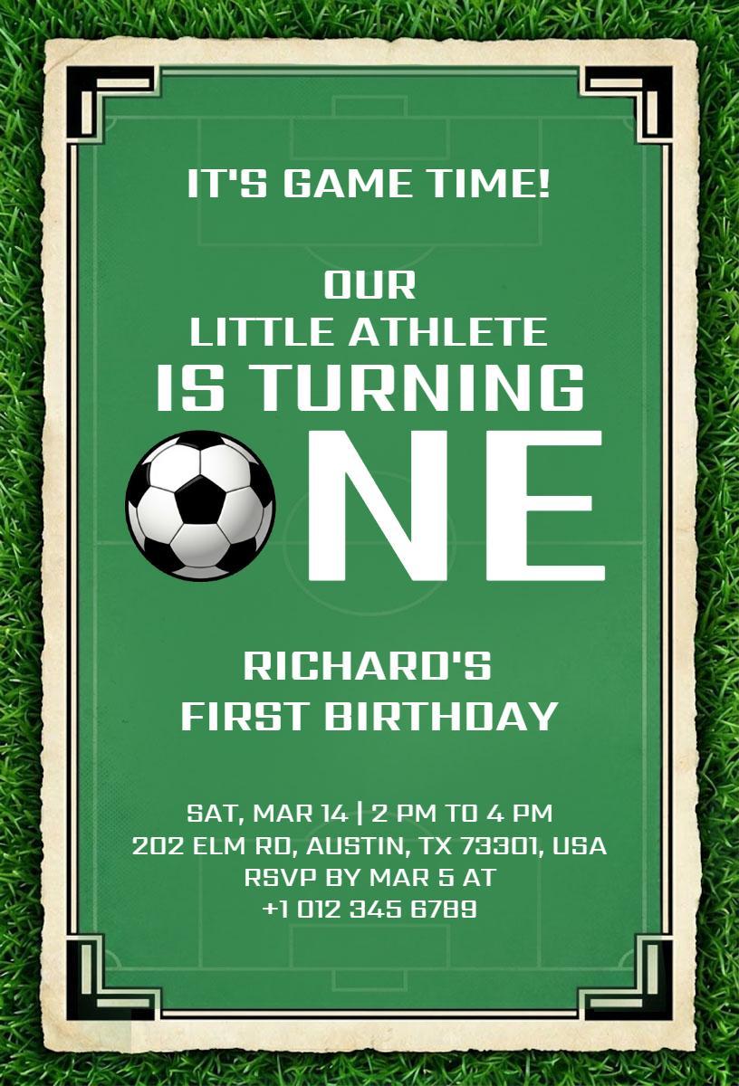 Soccer Themed First Birthday Celebration Invitation Template