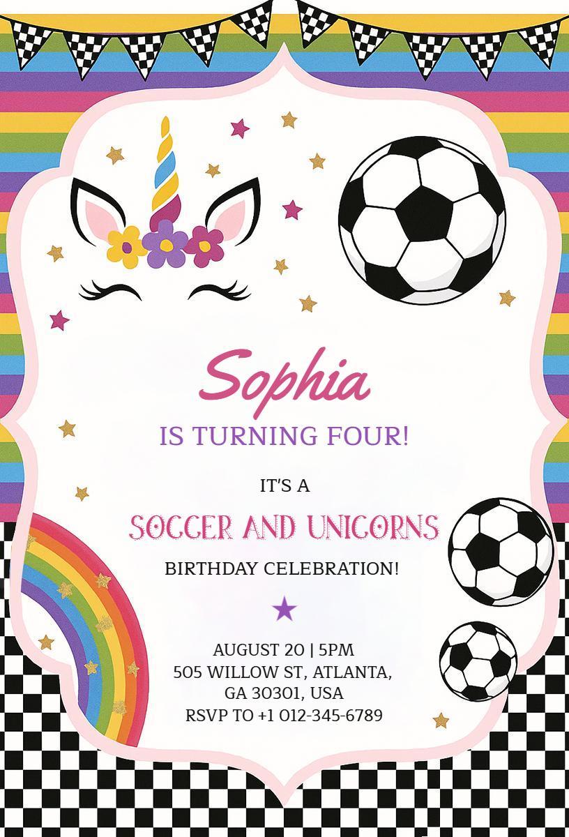 Soccer Unicorn Theme Magical Birthday Celebration Invitation Template
