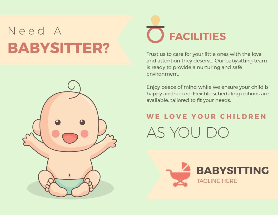 Soft Green Babysitting Services for Loving Childcare Brochure Template