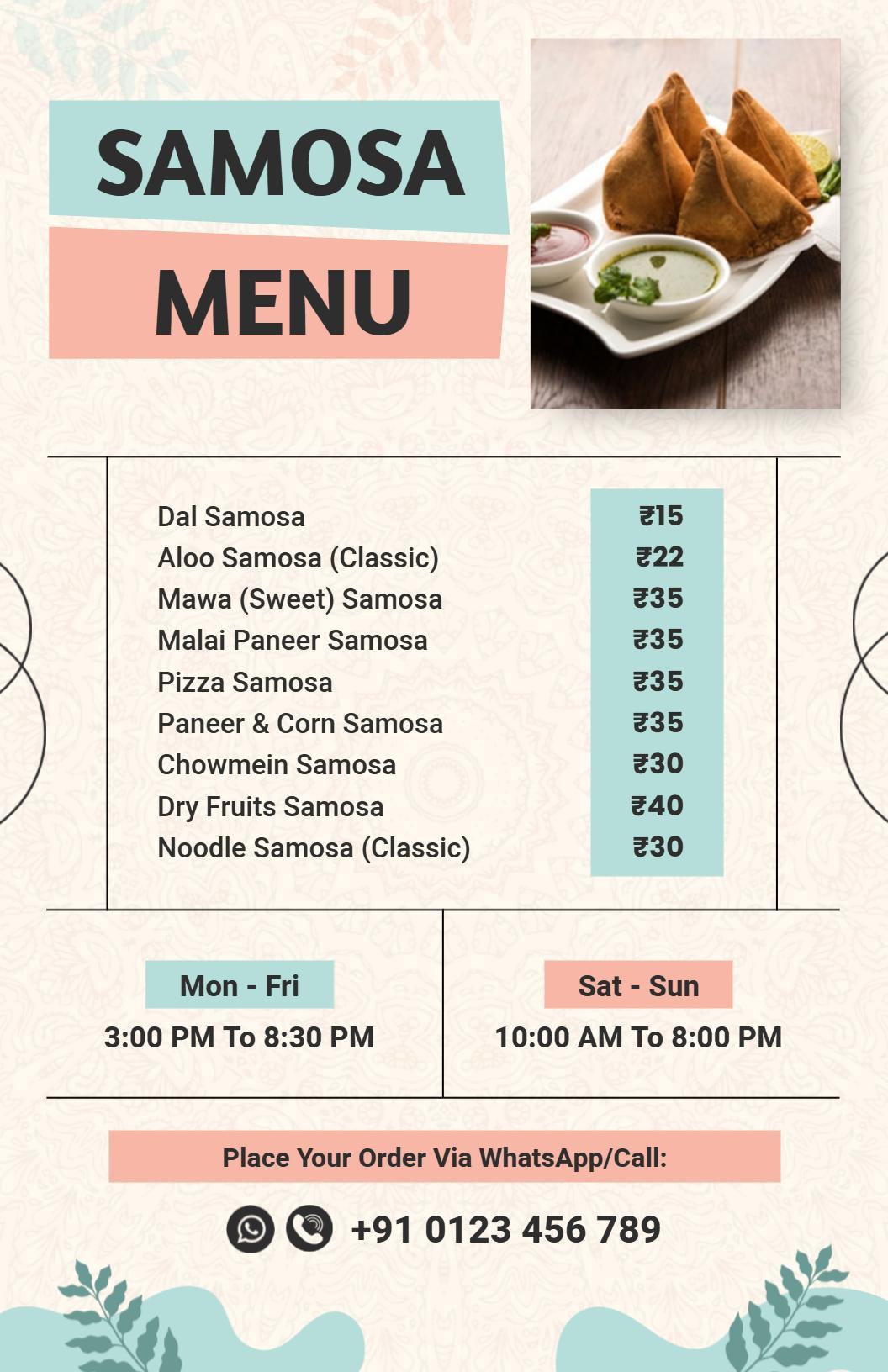 Soft Pastel Colored Indian Delights Samosa Menu Template