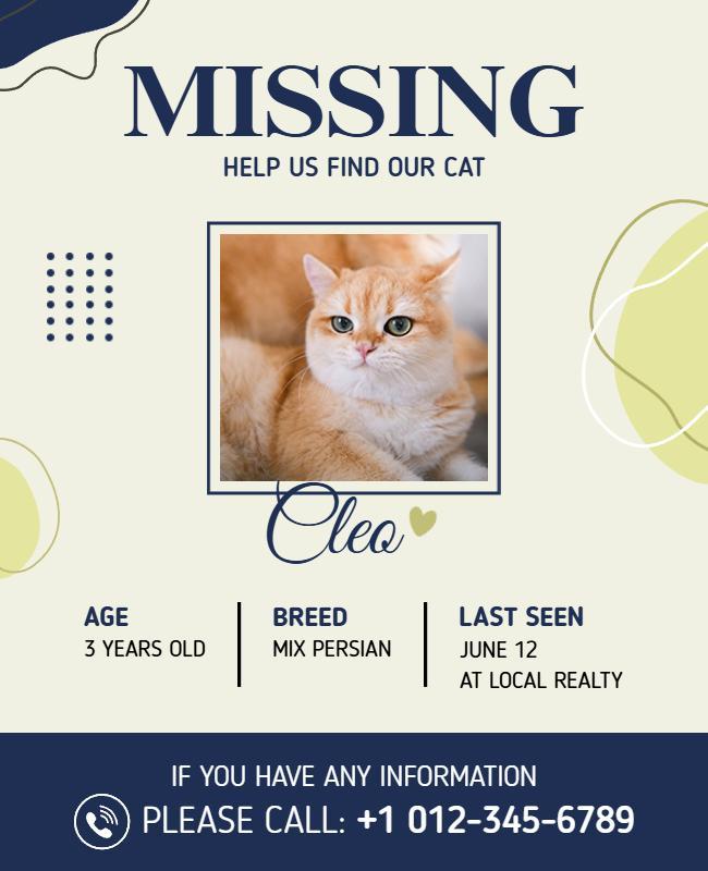 Soft Pastel Missing Cat Alert for Lost Pet Poster Template
