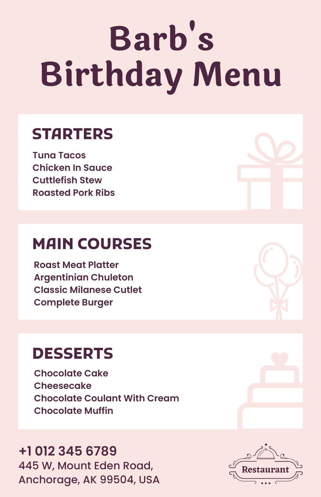 Soft Pastel Themed Birthday Dinner Menu Template