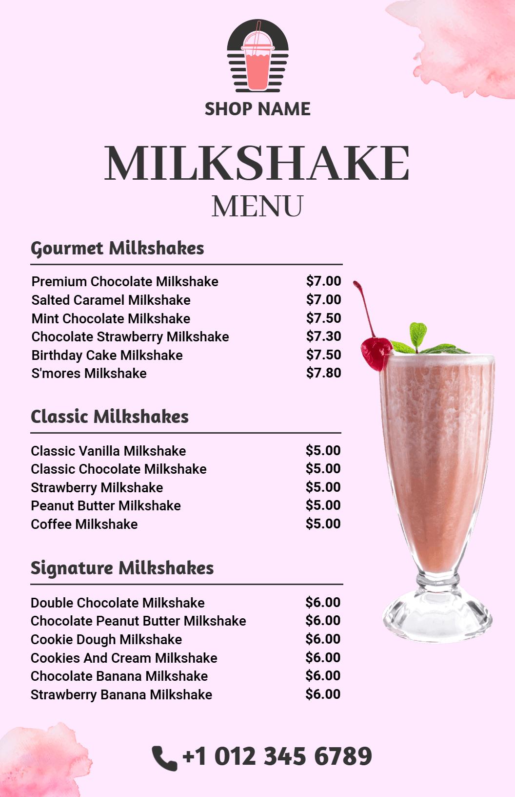 Soft Pink Classic Milkshake Drink Menu Template