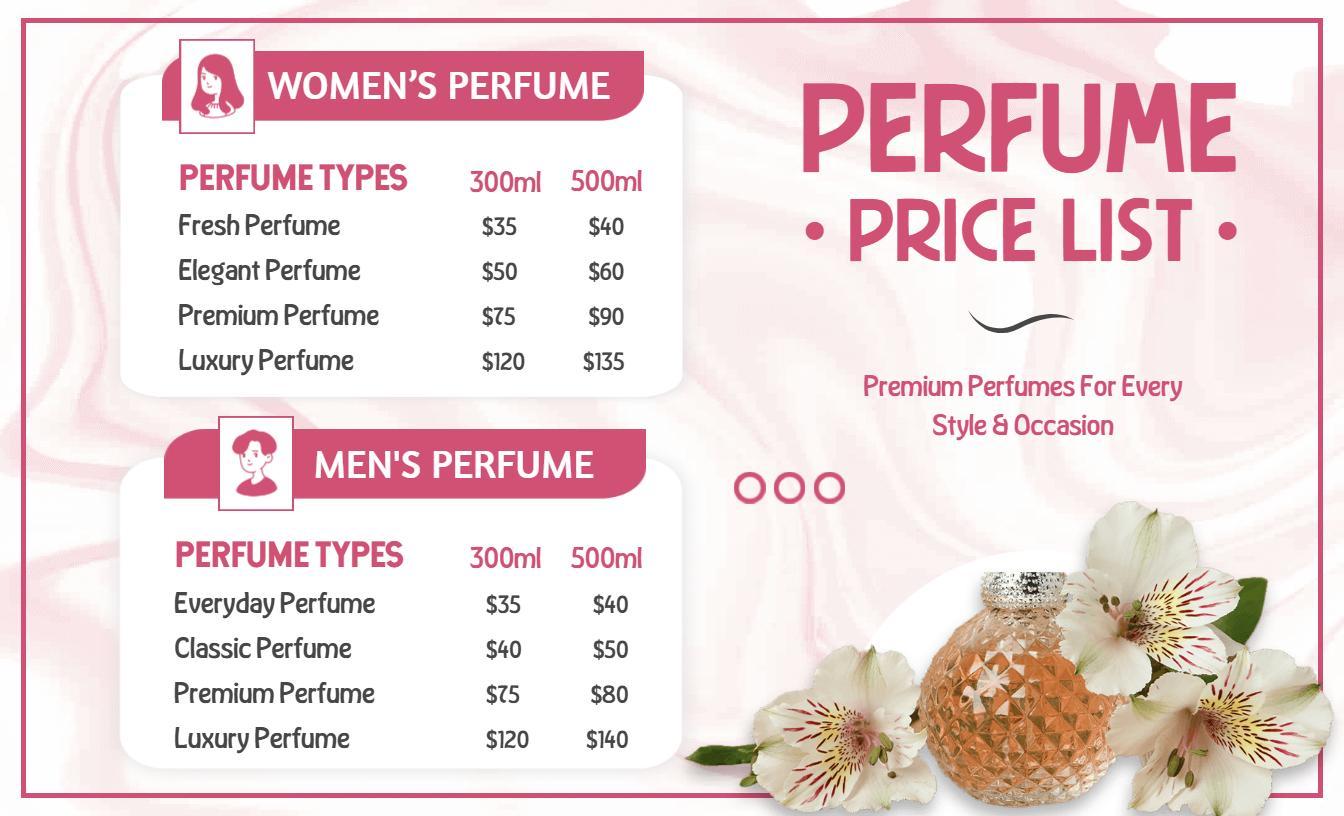 Soft Pink Floral Essence Perfume Price List Template