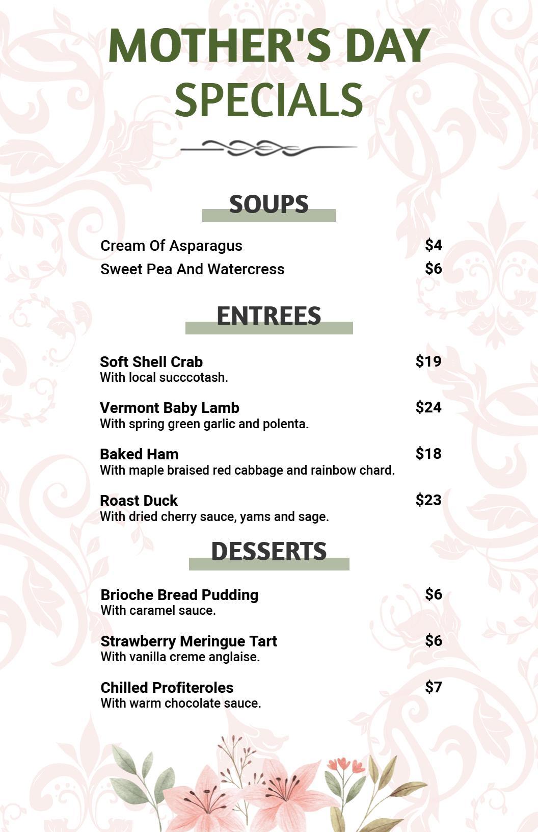 Soft Pink Floral Theme Mother's Day Specials Menu Template